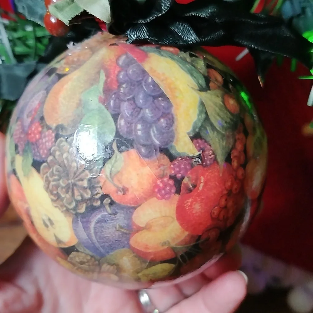 Ball Christmas Ornament with fruit print on it